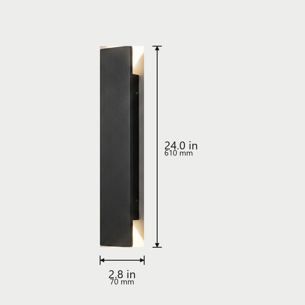 Linear Up-Down Wall Light dimensions, 20W Large - 24.0 in / 610 mm tall, 2.8 in / 70 mm wide