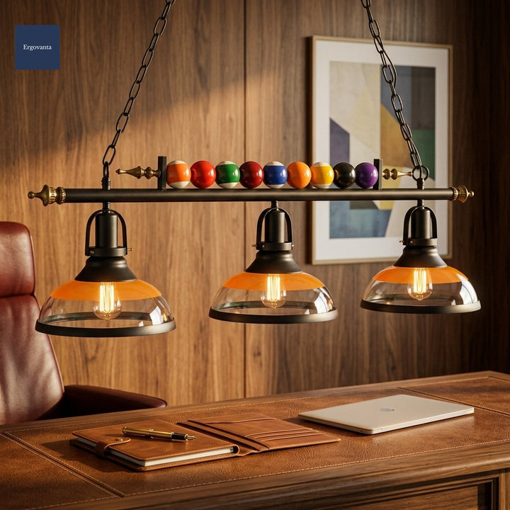 Billiard pendant above walnut credenza