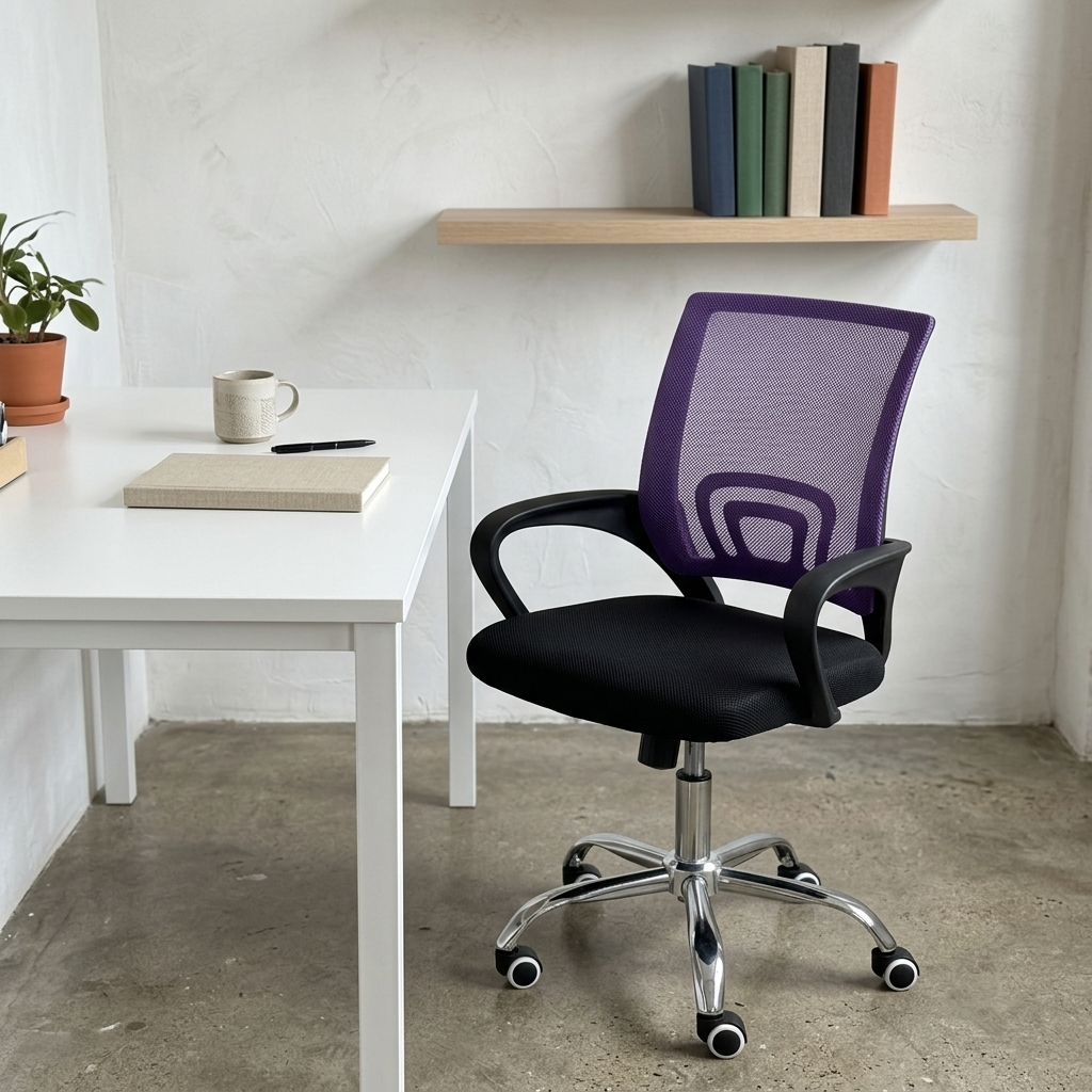 Purple mesh task chair in a creative home studio