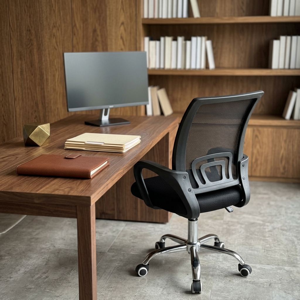 Mesh task chair at a private corporate office desk against a textured oak-panel wall