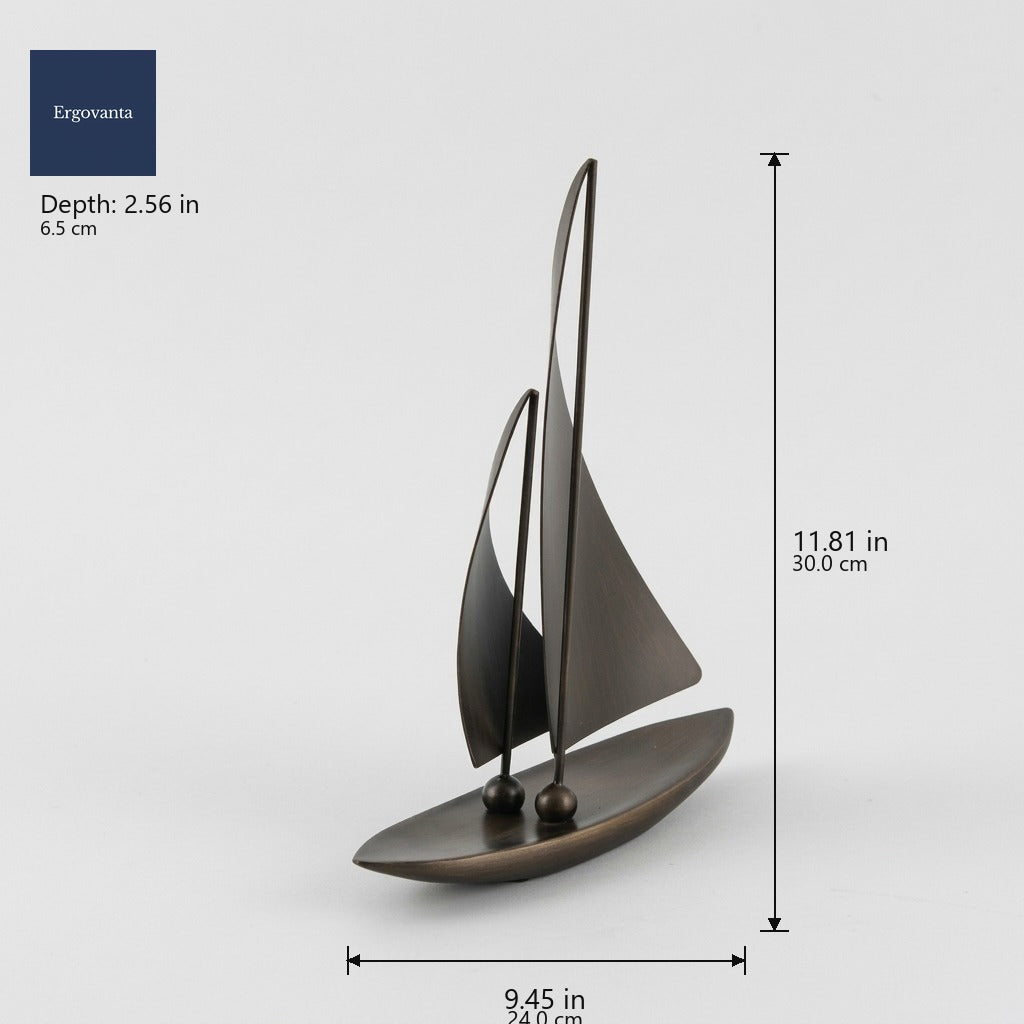 Patinated bronze sailing yacht sculpture dimensions: 9.45 x 2.56 x 11.81 in (24 x 6.5 x 30 cm)
