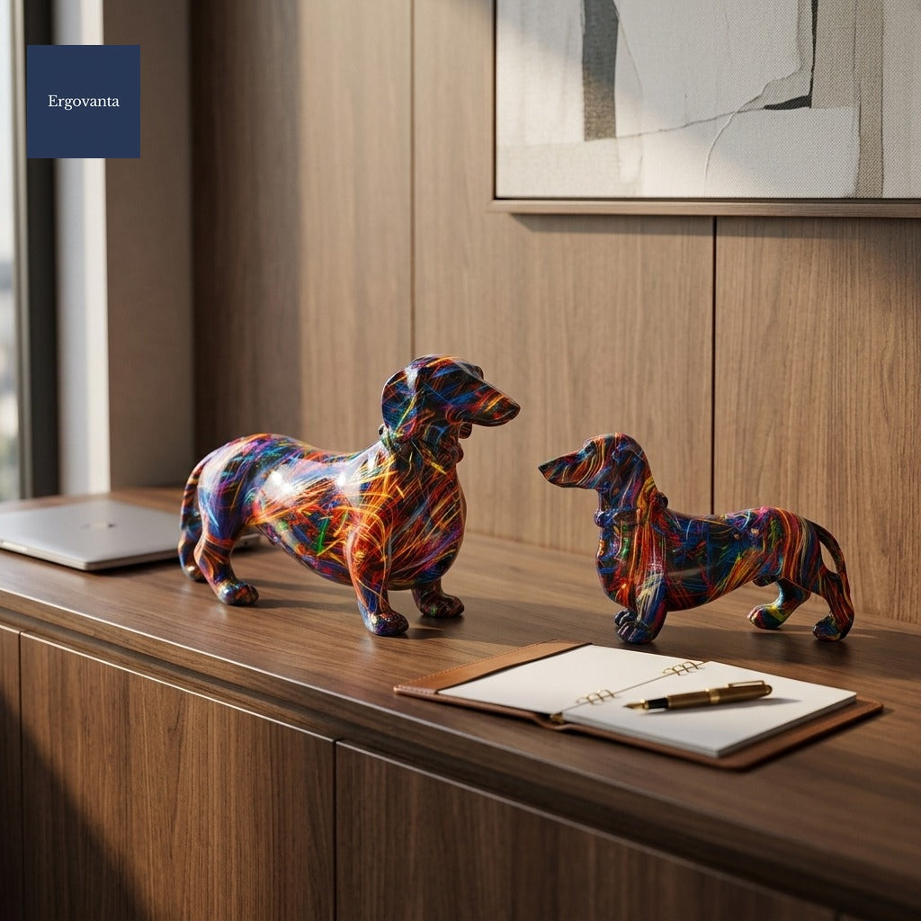 Splatter Dachshund Sculpture, Large and Small variants side by side on an executive walnut credenza