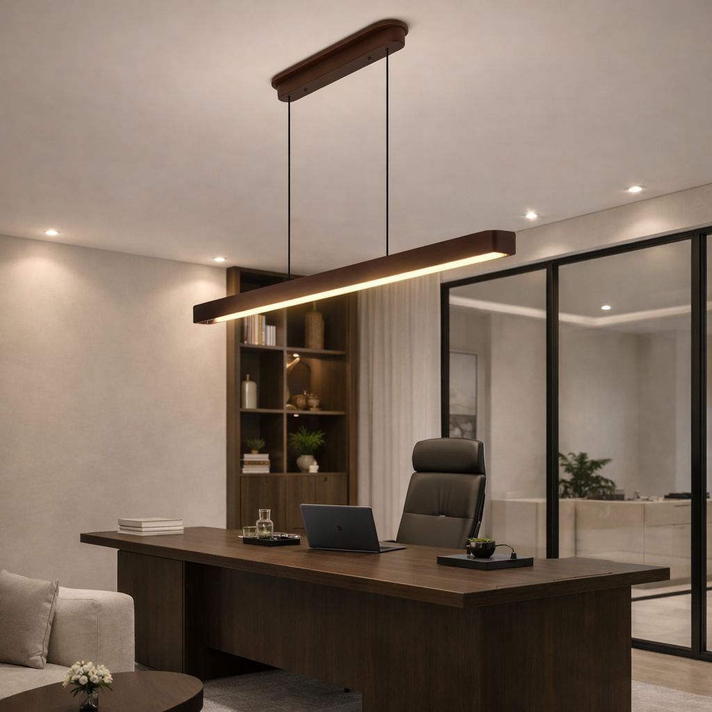 51-Inch Walnut LED Linear Pendant Light, styled hero shot 2