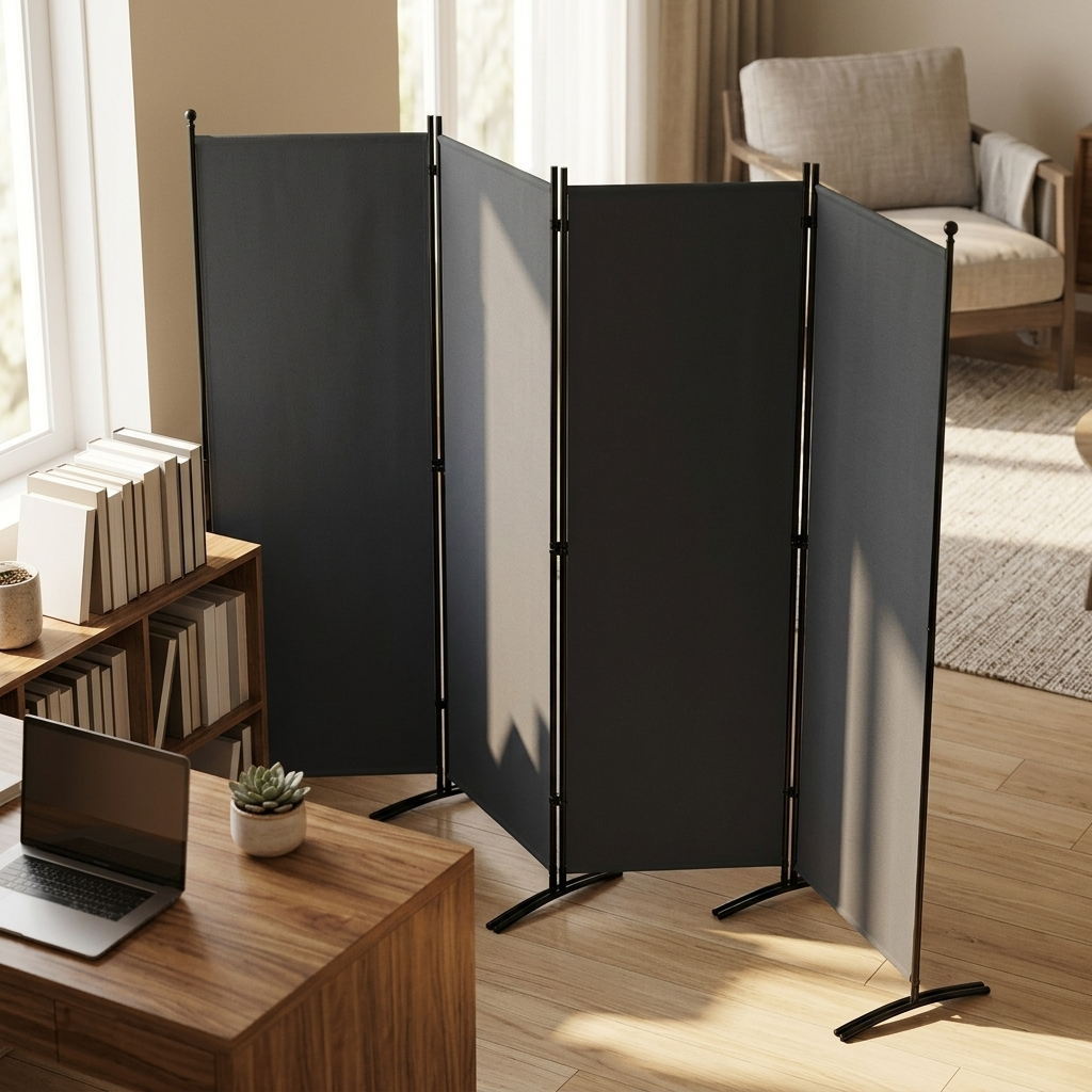 Foldable Iron Partition divider in a work-from-home office, gray