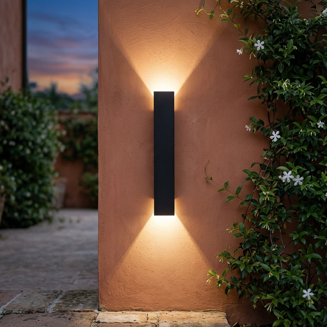 Linear Up-Down Wall Light on a courtyard wall