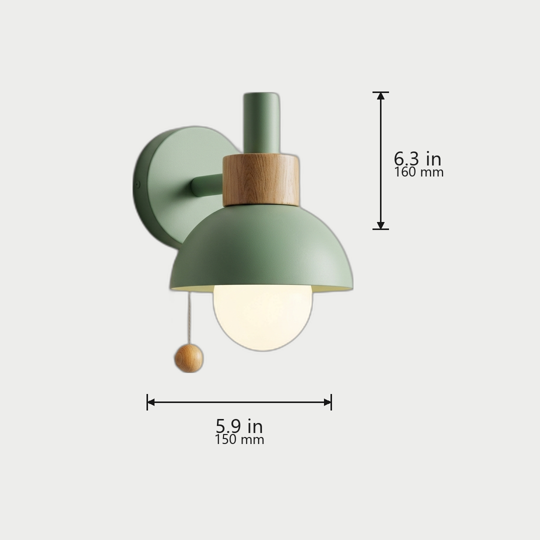 Nordic Wood Dome Wall Sconce dimensions in Green - 6.3 in / 160 mm tall, 5.9 in / 150 mm wide, 7.9 in / 200 mm deep