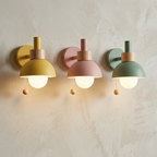 Nordic Wood Dome Wall Sconce in yellow, pink and green
