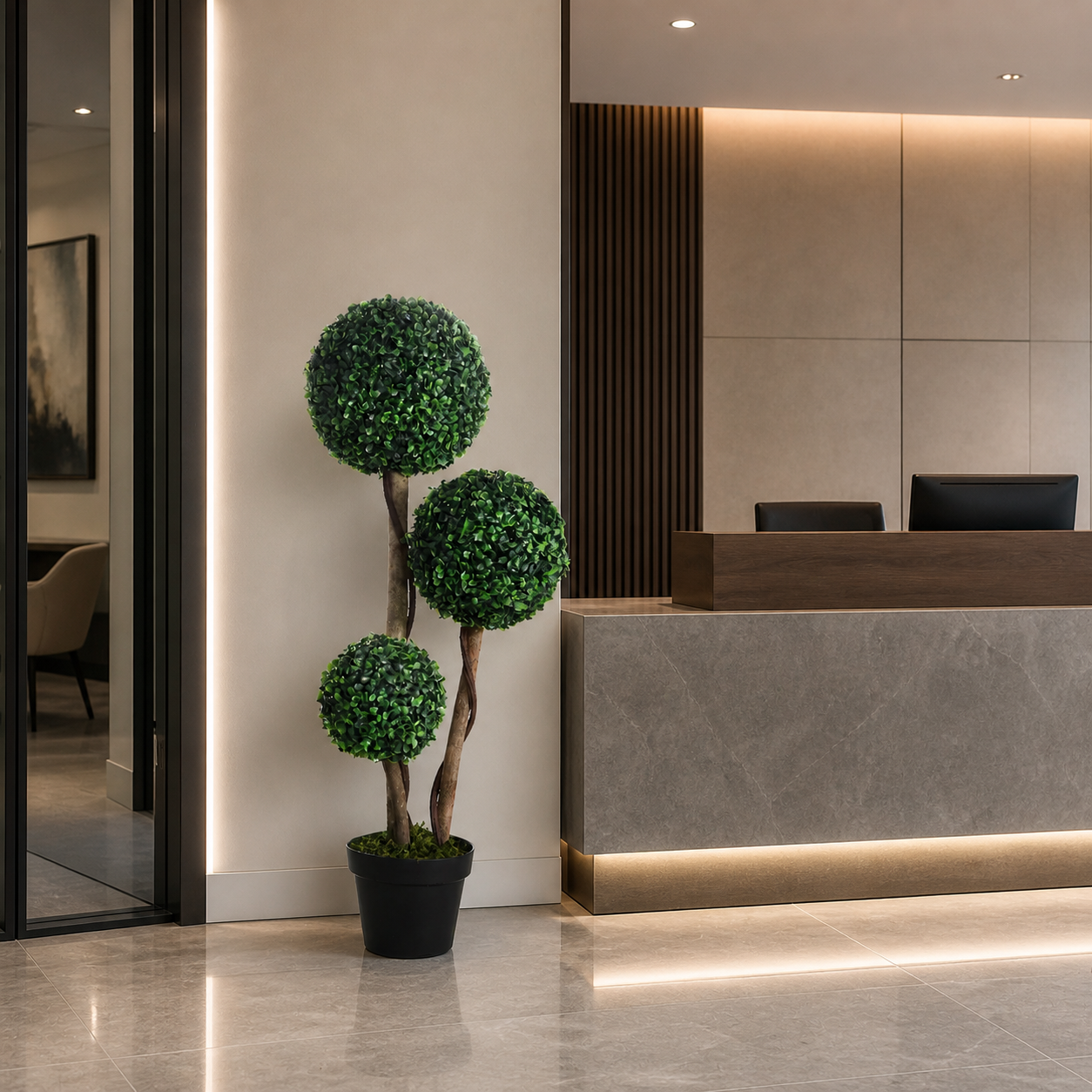 Three-Ball Boxwood Topiary Tree, styled hero shot