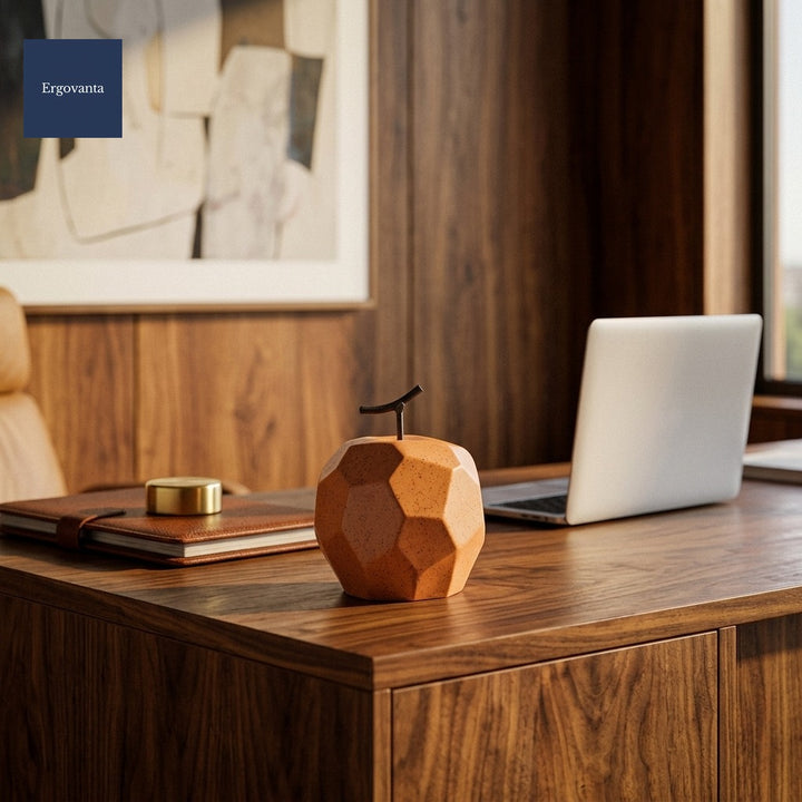 Faceted Porcelain Apple Sculpture - Orange variant on an executive corner office walnut credenza