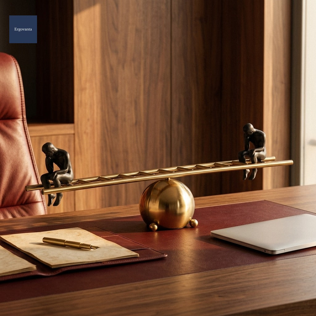 Abstract geometric alloy sculpture on executive walnut credenza