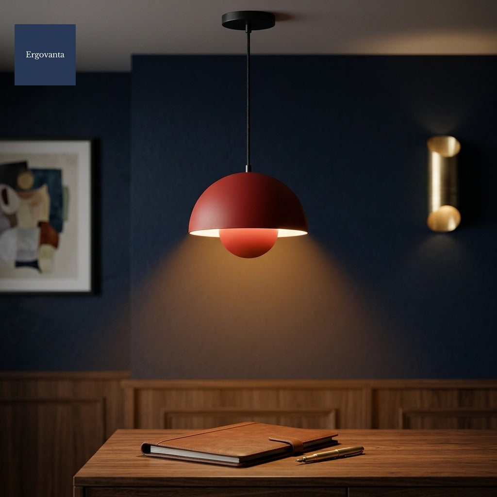 Red Sculptural Bud Pendant in a corporate executive office with deep navy walls and walnut credenza