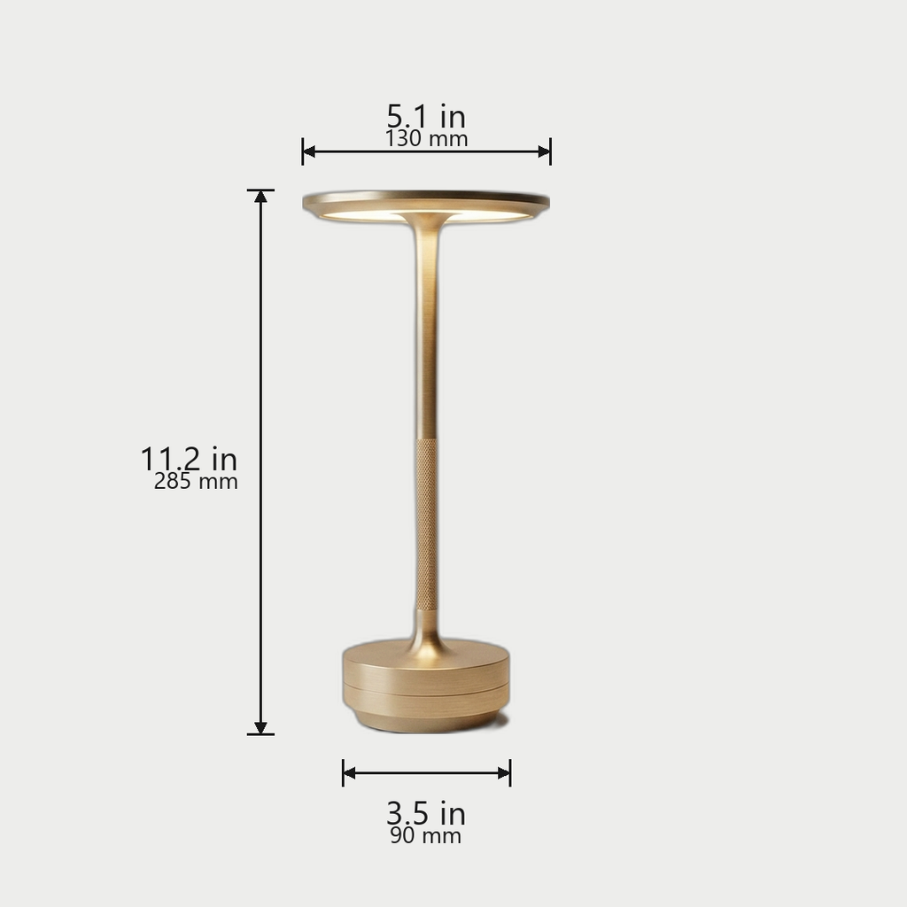 Halo Cordless Table Lamp dimensions in Gold - 11.2 in / 285 mm tall, 5.1 in / 130 mm top, 3.5 in / 90 mm base