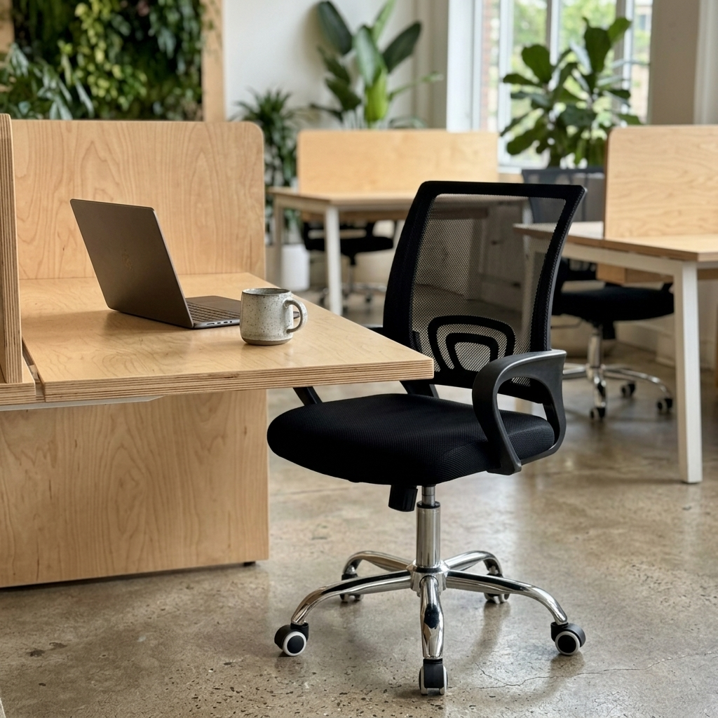 Mesh task chair at a light birch-ply desk in a bright modern coworking space