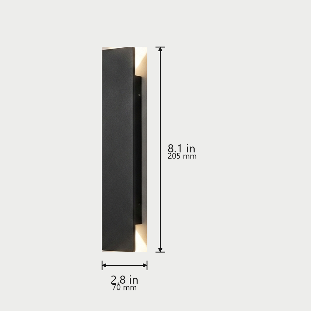 Linear Up-Down Wall Light dimensions, 6W Small - 8.1 in / 205 mm tall, 2.8 in / 70 mm wide