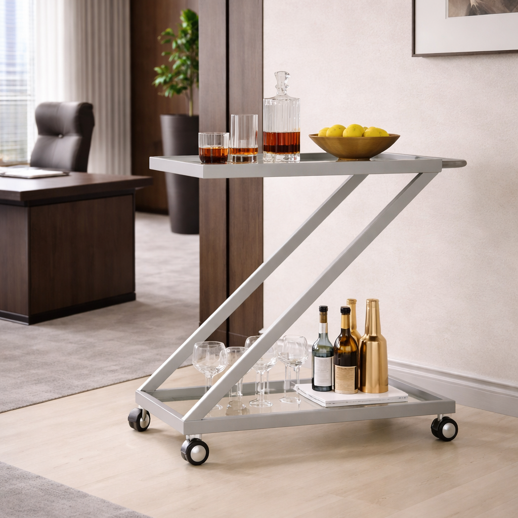 Z-Frame Glass Bar Cart, styled hero shot
