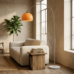 Arc Floor Light in orange over a living room sofa