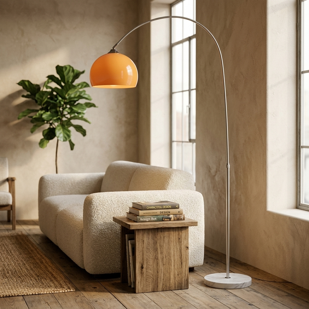 Arc Floor Light in orange over a living room sofa