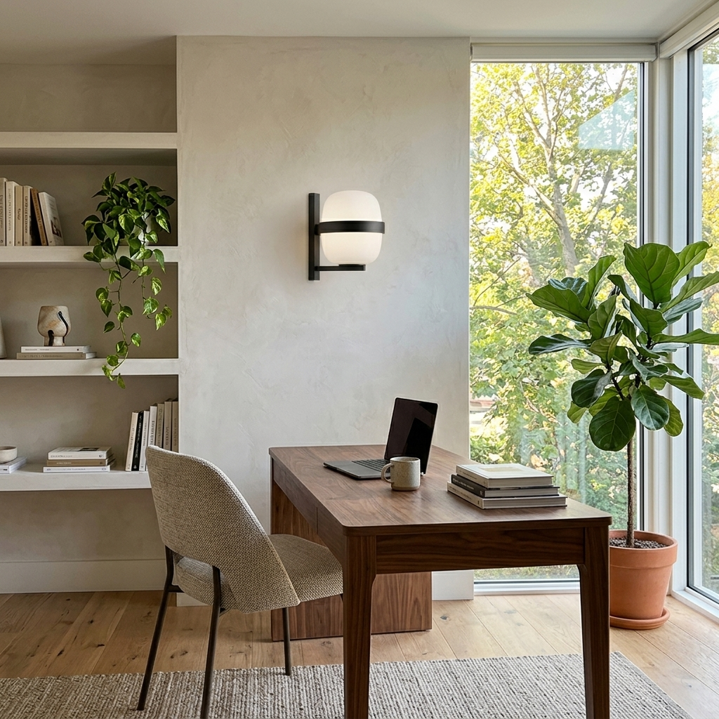 Frosted Glass Cocoon Wall Sconce in a full home office