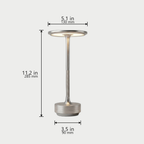 Halo Cordless Table Lamp dimensions in Silver - 11.2 in / 285 mm tall, 5.1 in / 130 mm top, 3.5 in / 90 mm base