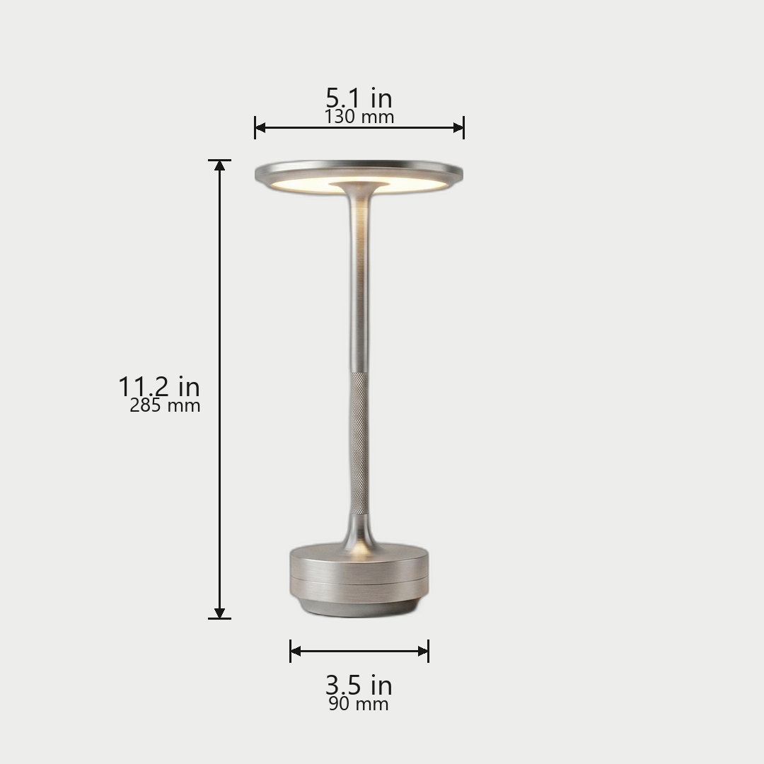 Halo Cordless Table Lamp dimensions in Silver - 11.2 in / 285 mm tall, 5.1 in / 130 mm top, 3.5 in / 90 mm base