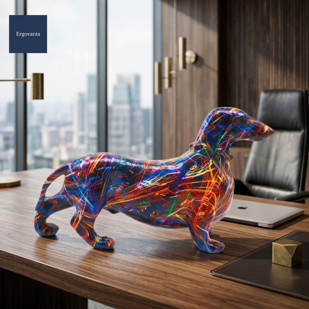 Splatter Dachshund Sculpture, Large variant on a corporate boardroom walnut conference table