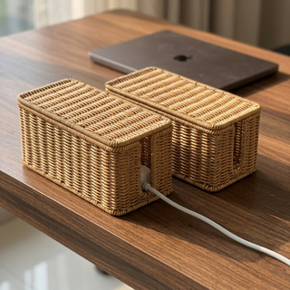 Woven Rattan-Look Cable Box with Lid