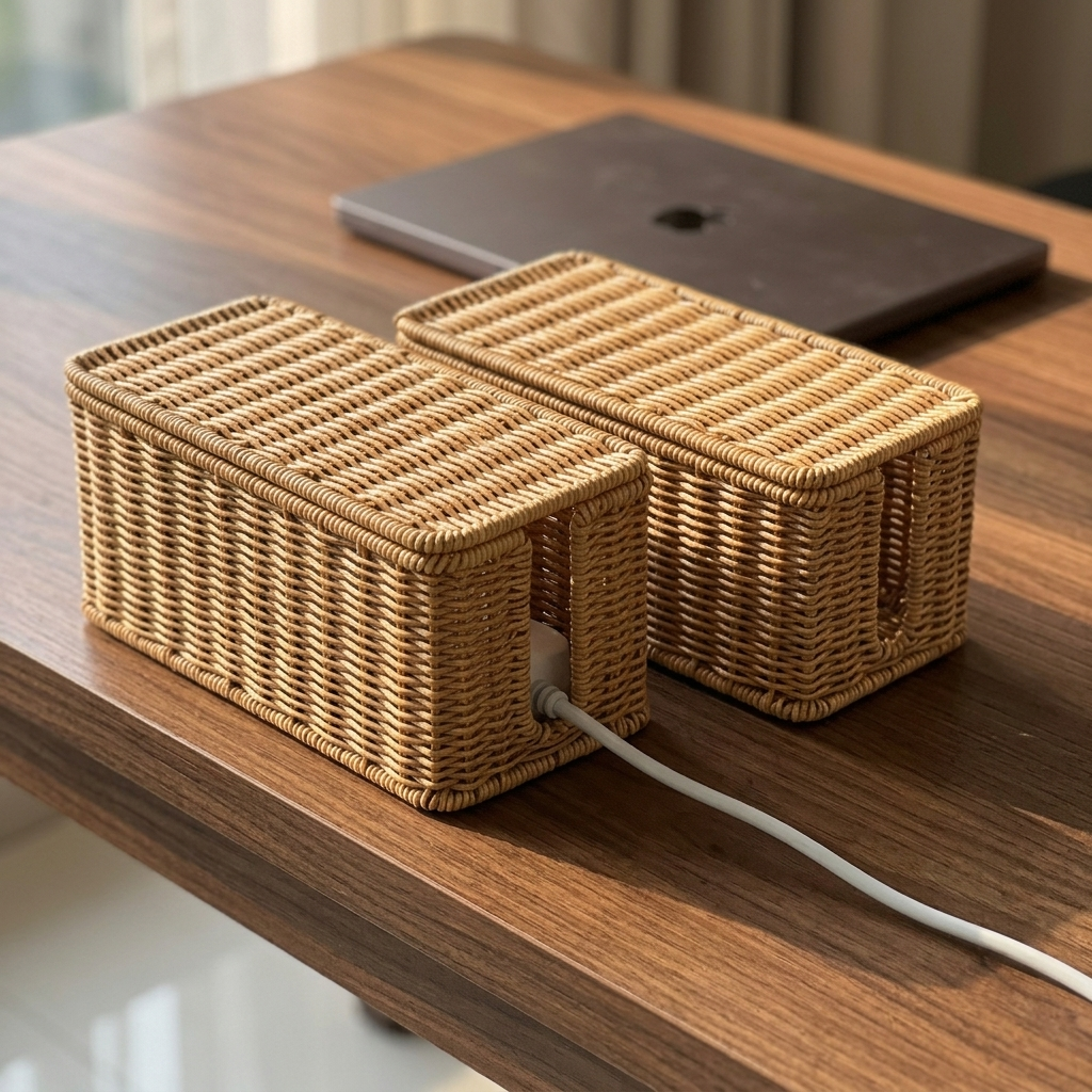 Woven rattan-look cable box with lid on a considered desk