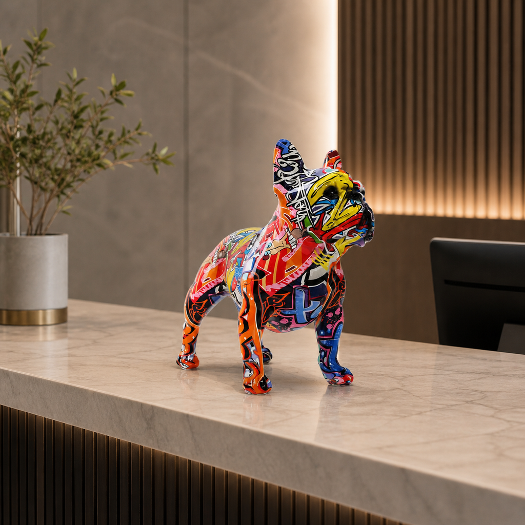 Modern Bulldog Resin Sculpture, styled hero shot 2