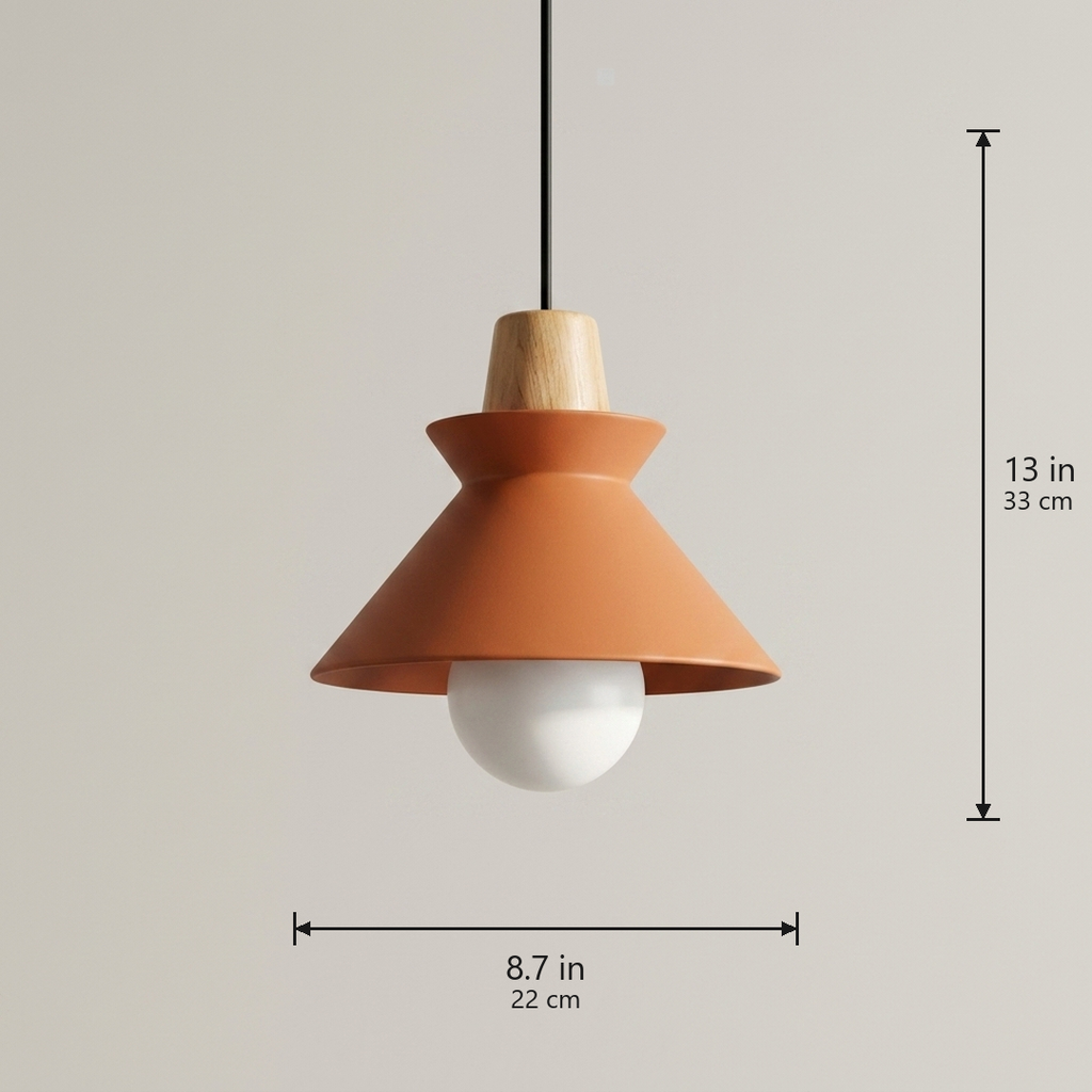 Compact Wood Pendant Light in matte Orange, dimensions 8.7 by 13 inches