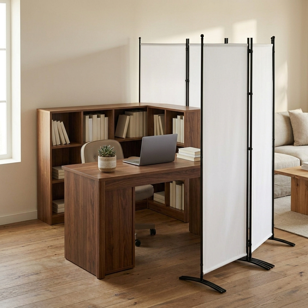 Foldable Iron Partition divider in a work-from-home office, white