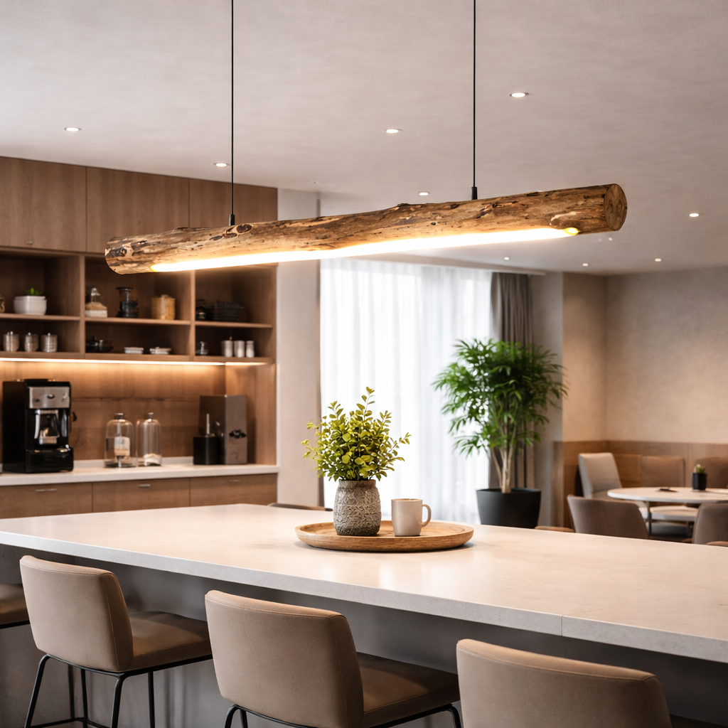 Japanese Style Wood LED Chandelier, styled hero shot 2
