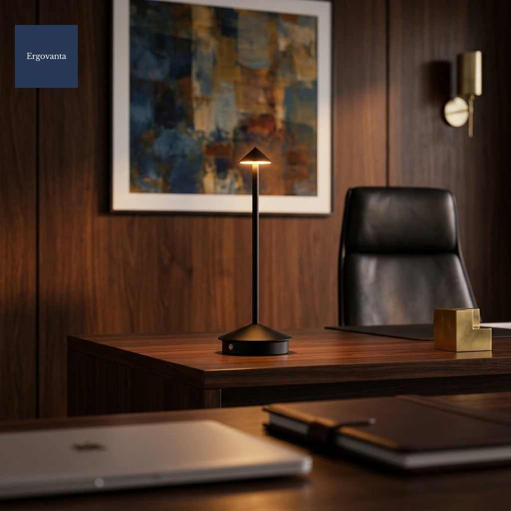 Black Modernist Aluminum Desk Lamp on a walnut credenza with leather chair and brass paperweight