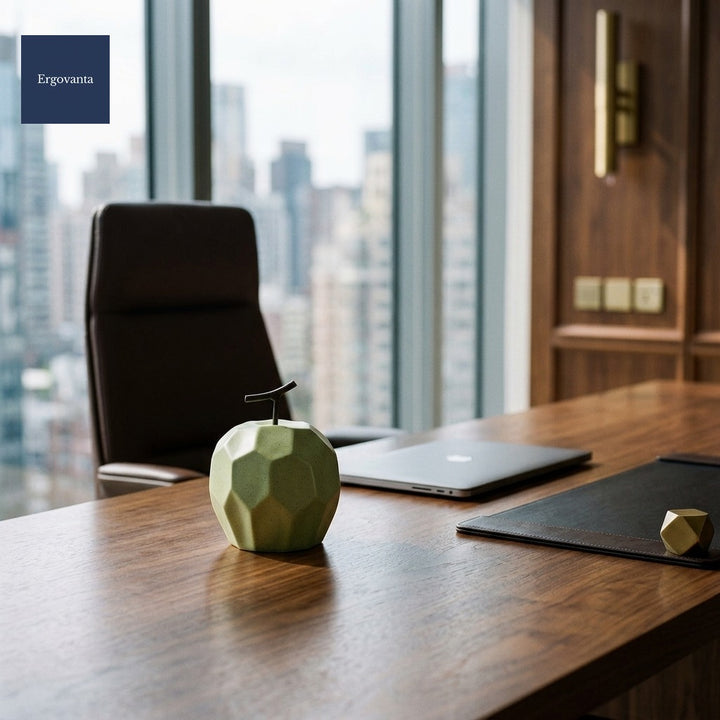 Faceted Porcelain Apple Sculpture - Green variant on a corporate boardroom walnut conference table
