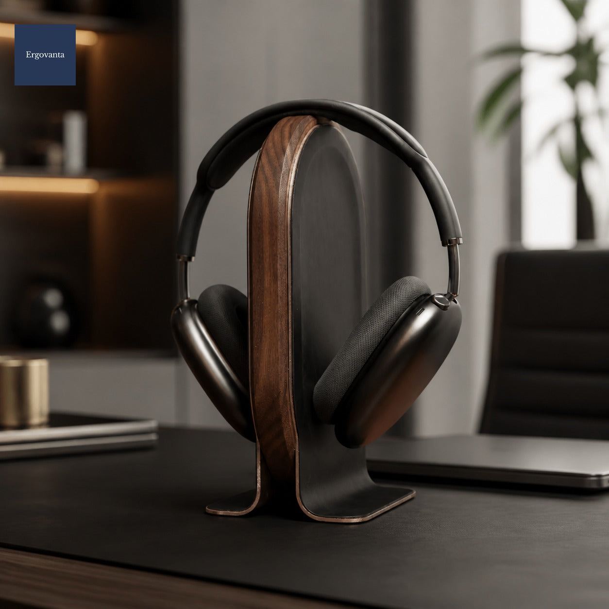 Solid Wood Headphone Stand - Executive Desk Organizer with Metal Base