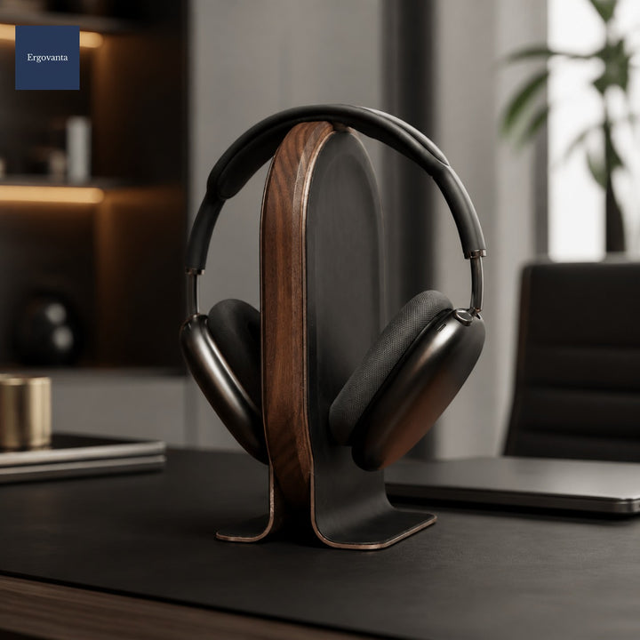 Solid Wood Headphone Stand - Executive Desk Organizer with Metal Base