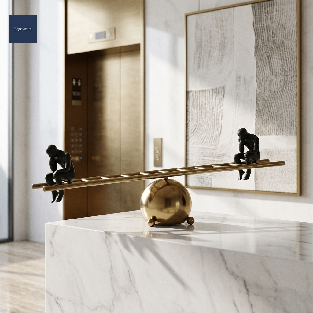 Abstract geometric alloy sculpture in corporate marble reception