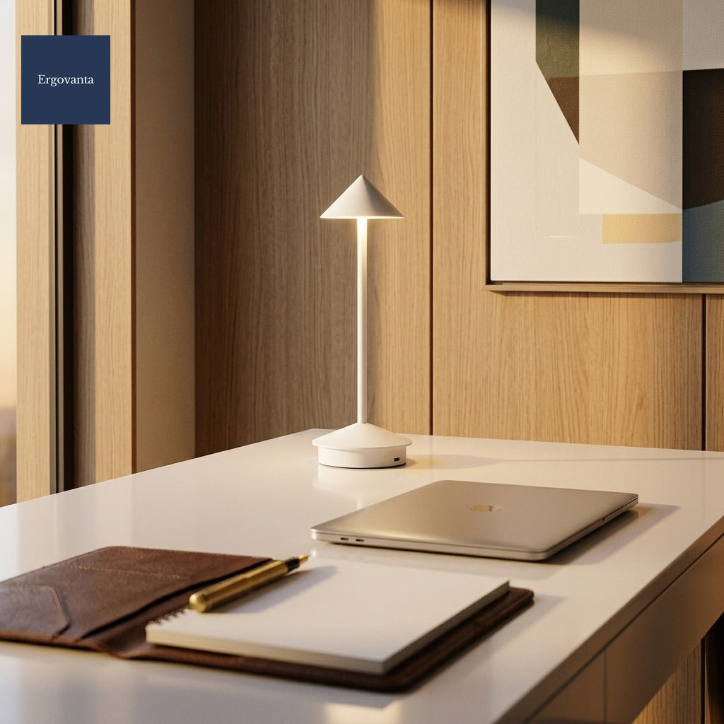 White Modernist Aluminum Desk Lamp on a white-lacquer desk with oak paneling and leather portfolio