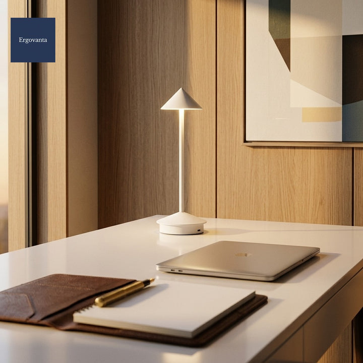 White Modernist Aluminum Desk Lamp on a white-lacquer desk with oak paneling and leather portfolio