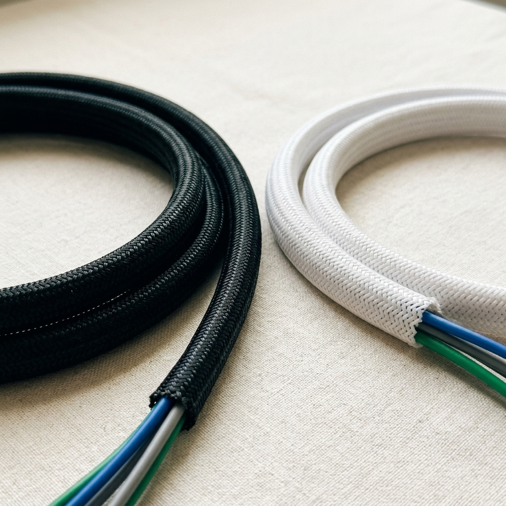 Black and white woven cable sleeves shown side by side to compare the two color choices