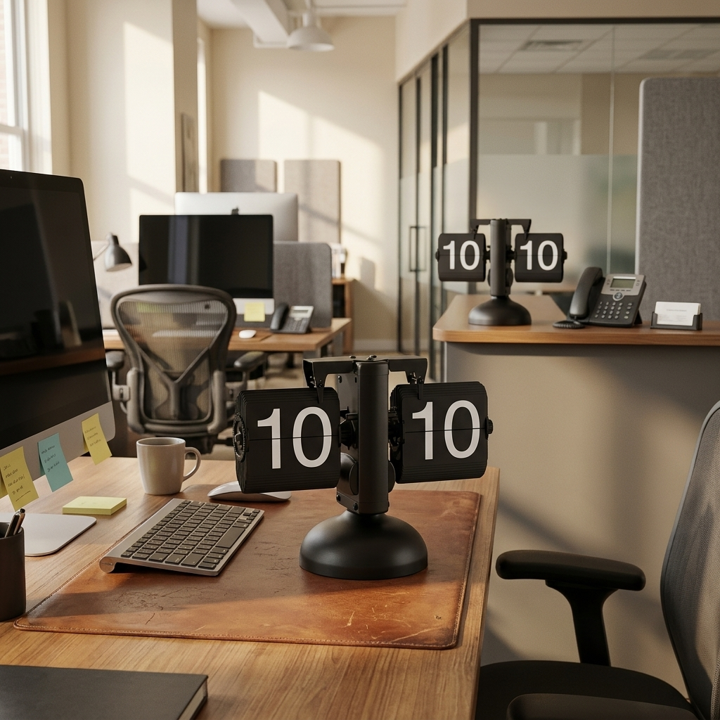 corp-clock, several units across a corporate workspace, no text