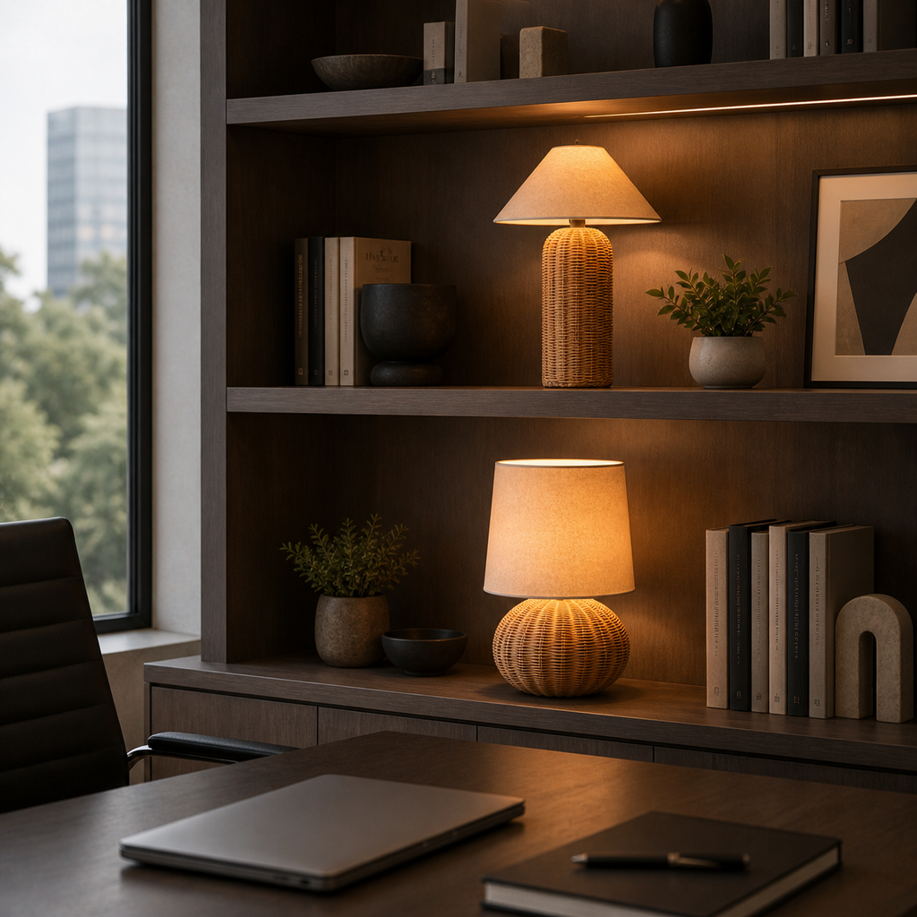 Woven Rattan Table Lamp, styled hero shot 2