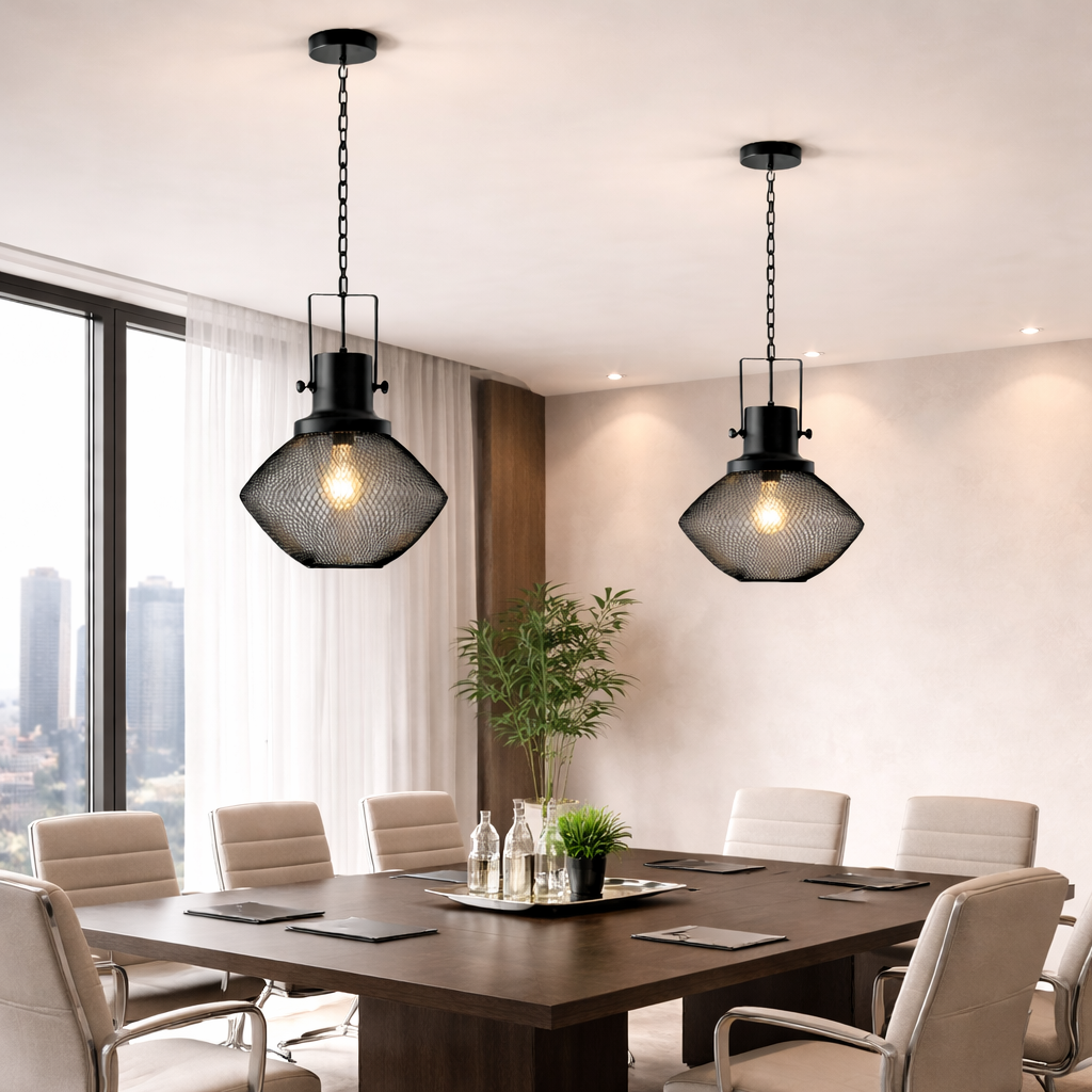 Industrial Steel Mesh Pendant Light, styled hero shot 2