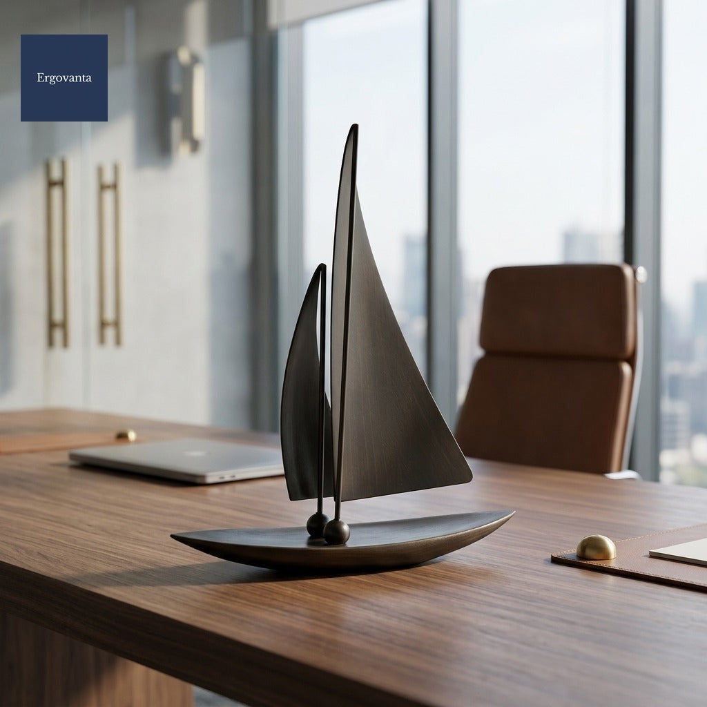 Patinated bronze sailing yacht sculpture on a corporate boardroom walnut conference table