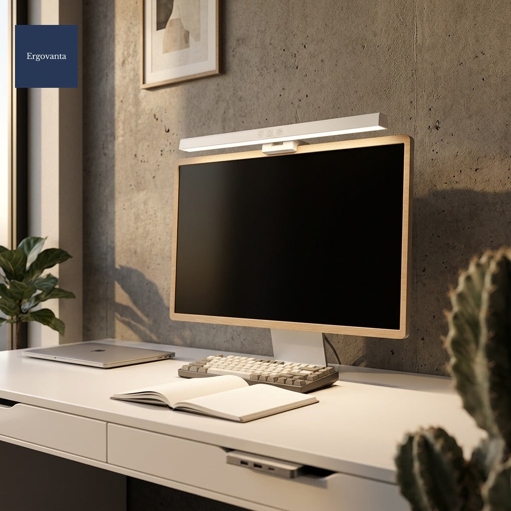 White Slim Monitor Light Bar on a light-oak monitor in a minimalist home office at golden hour