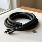 Woven black cable sleeve coiled with several cables entering one open end, showing the self-wrap split seam