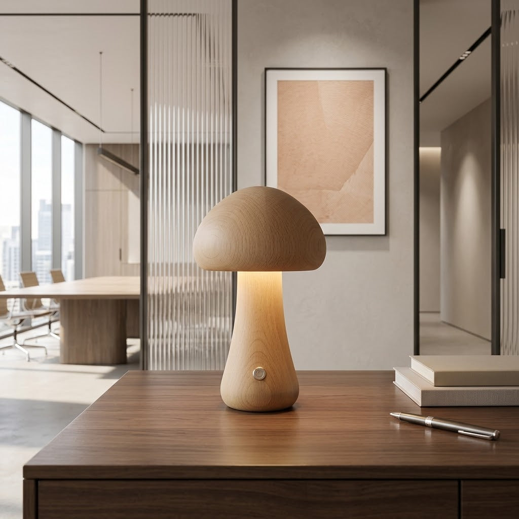 Wooden Mushroom LED Desk Lamp, Beige