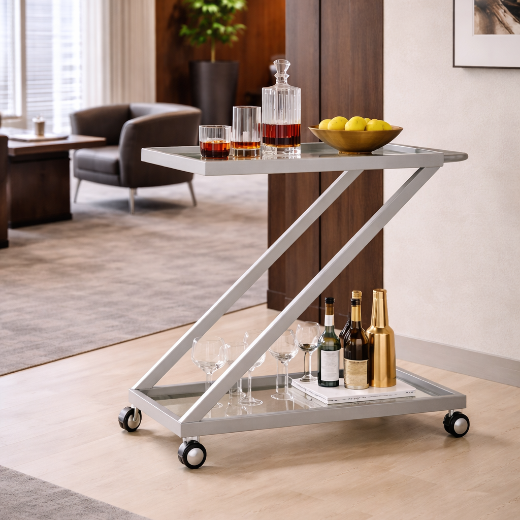 Z-Frame Glass Bar Cart, styled hero shot 2