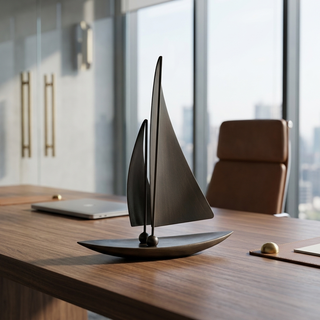 Patinated Bronze Sailing Yacht Sculpture, styled hero shot 2