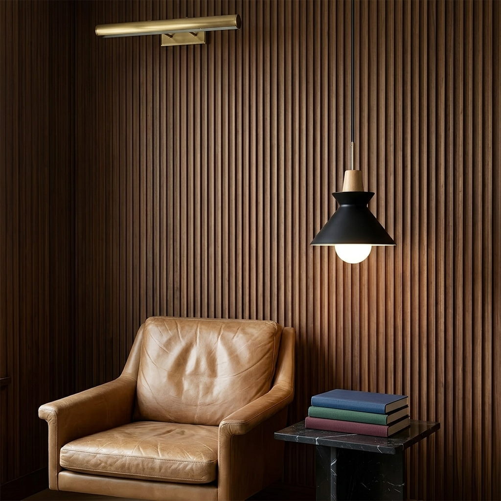 Compact Wood Pendant Light in matte Black, in a walnut library