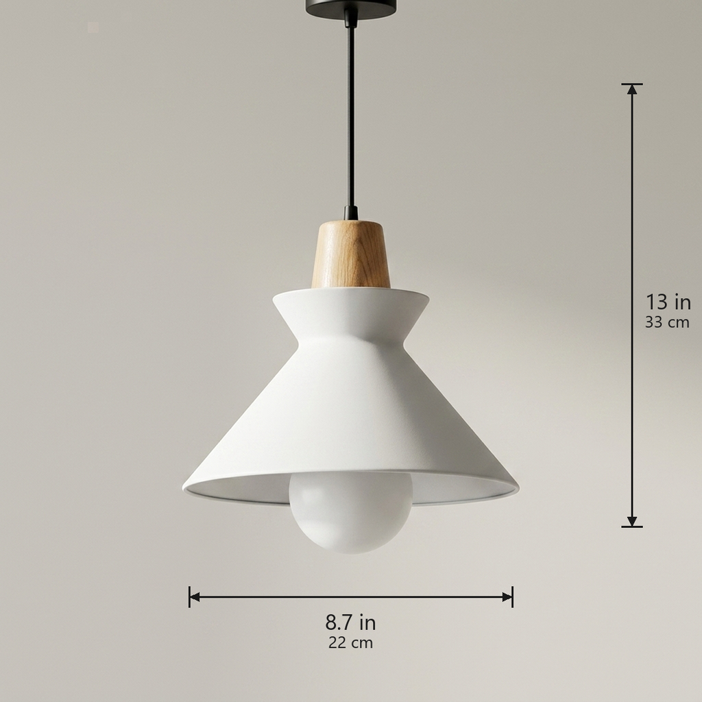 Compact Wood Pendant Light in matte White, dimensions 8.7 by 13 inches
